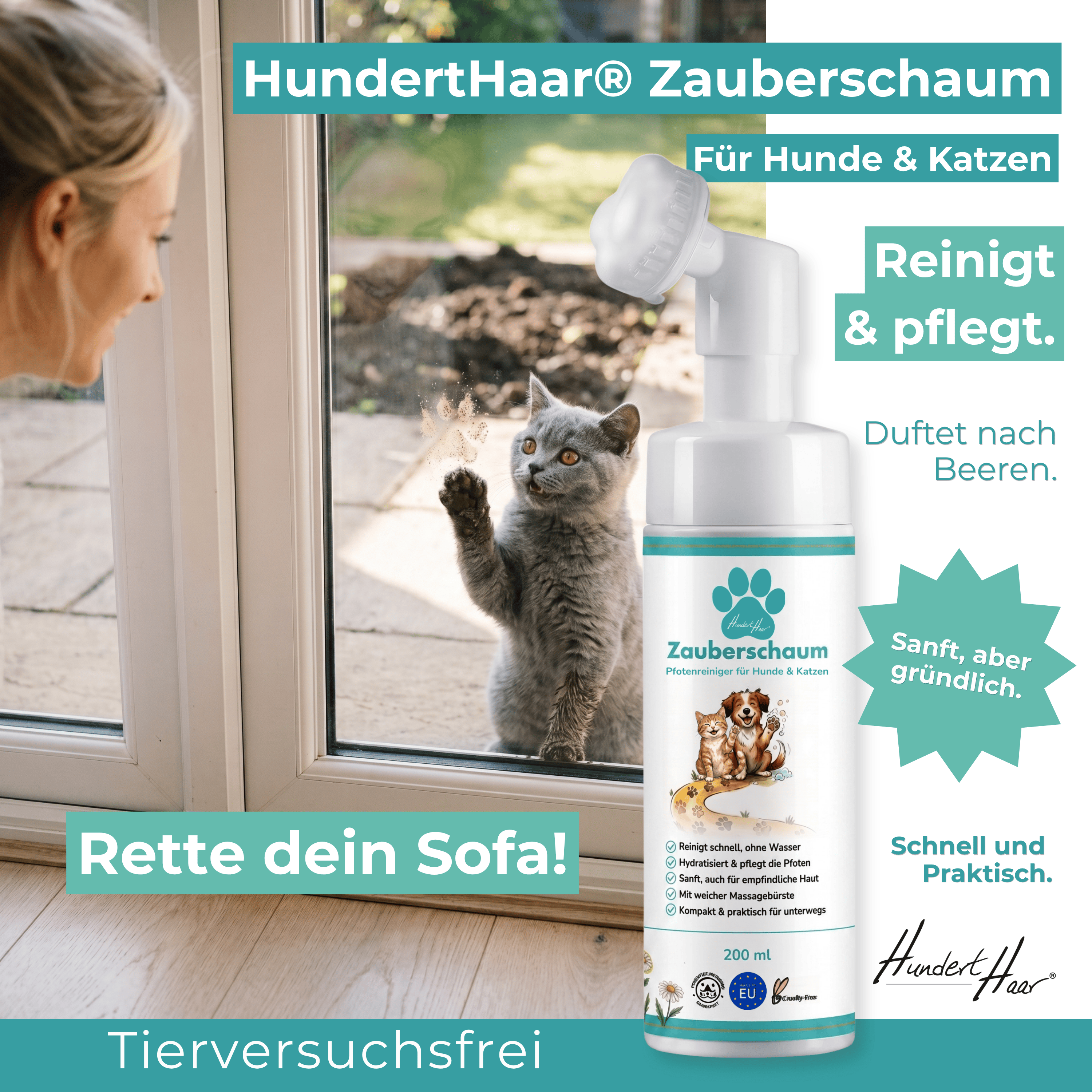 HundertHaar® Pfotenpflege HundertHaar® Zauberschaum | Pfotenreiniger für Hunde und Katzen, ohne Wasser, mit Pflegebürste, 200 ml