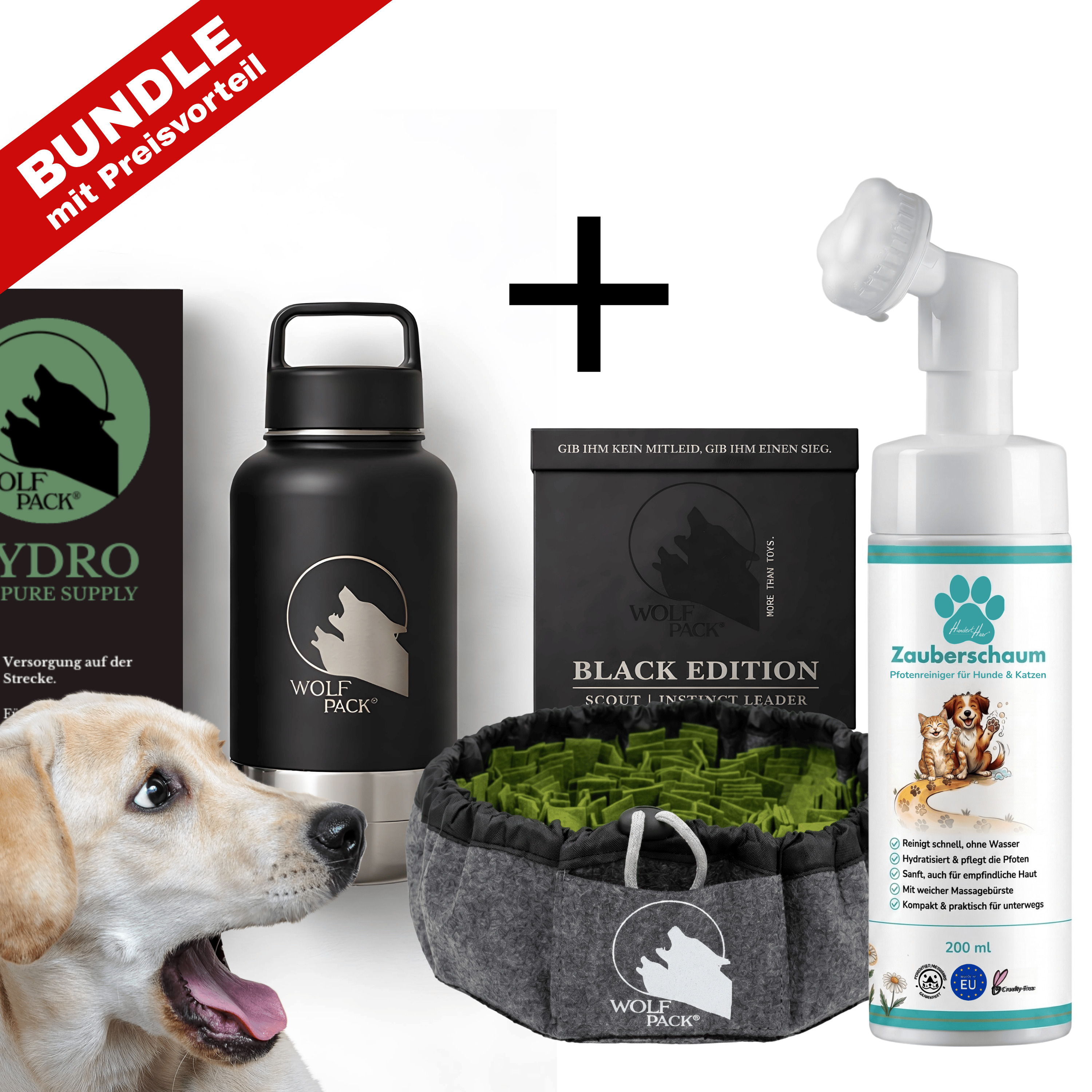 Good4Pets Store Bundle Wolf Pack® Outdoor-Set XL (Trinkflasche Hydro + Schnüffelteppich SCOUT + HundertHaar® Zauberschaum)