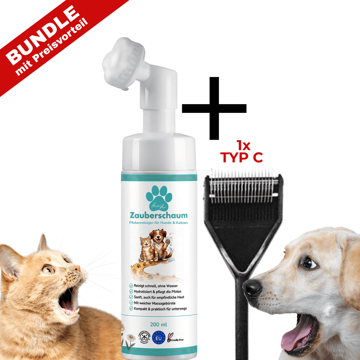 HundertHaar® Bundle HundertHaar® Fell- und Pfotenset C (Striegel Typ C + Zauberschaum)