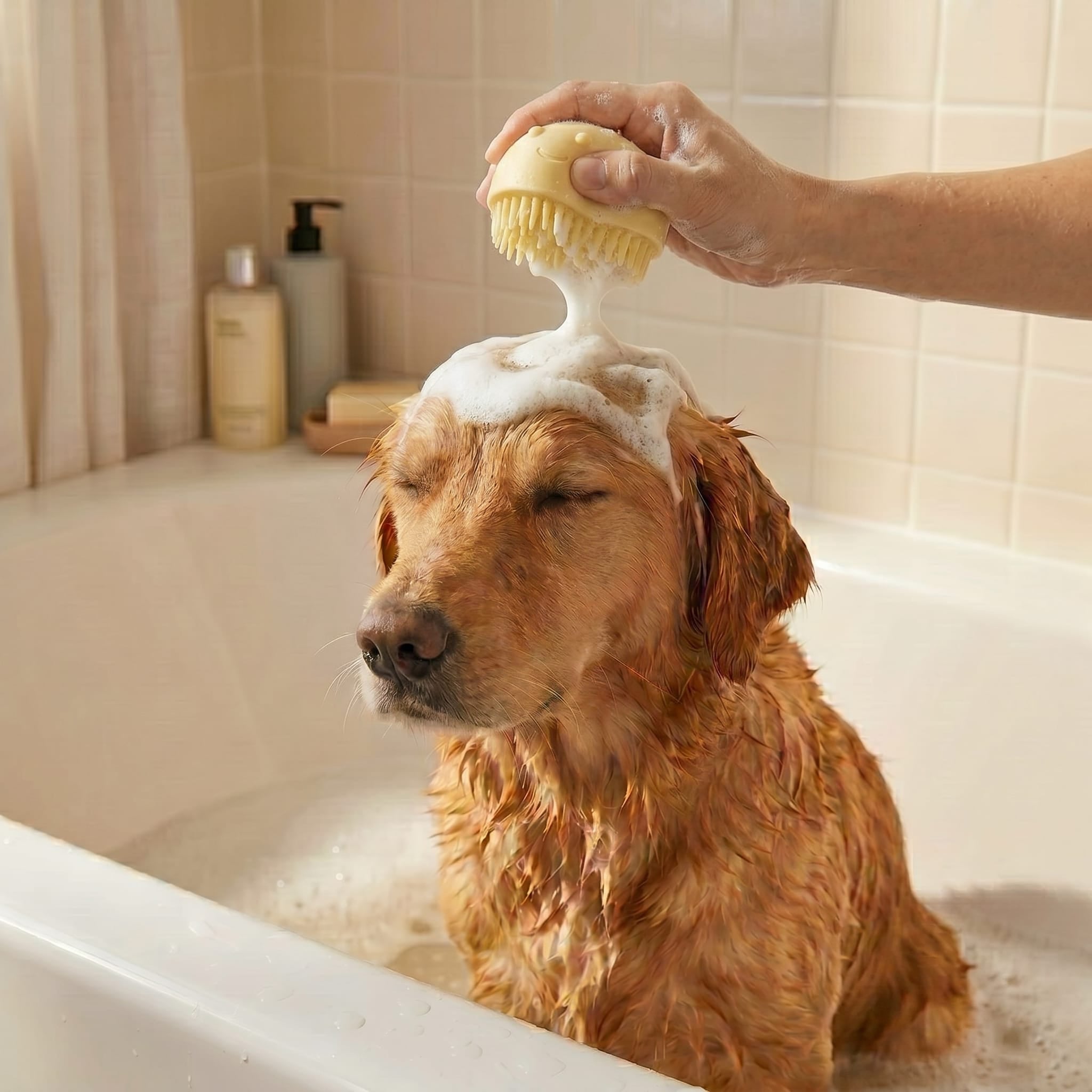 HundertHaar® Fellpflege HundertHaar® Massage- & Shamponierbürste für Hunde mit Shampoo-Spender, sonnengelb