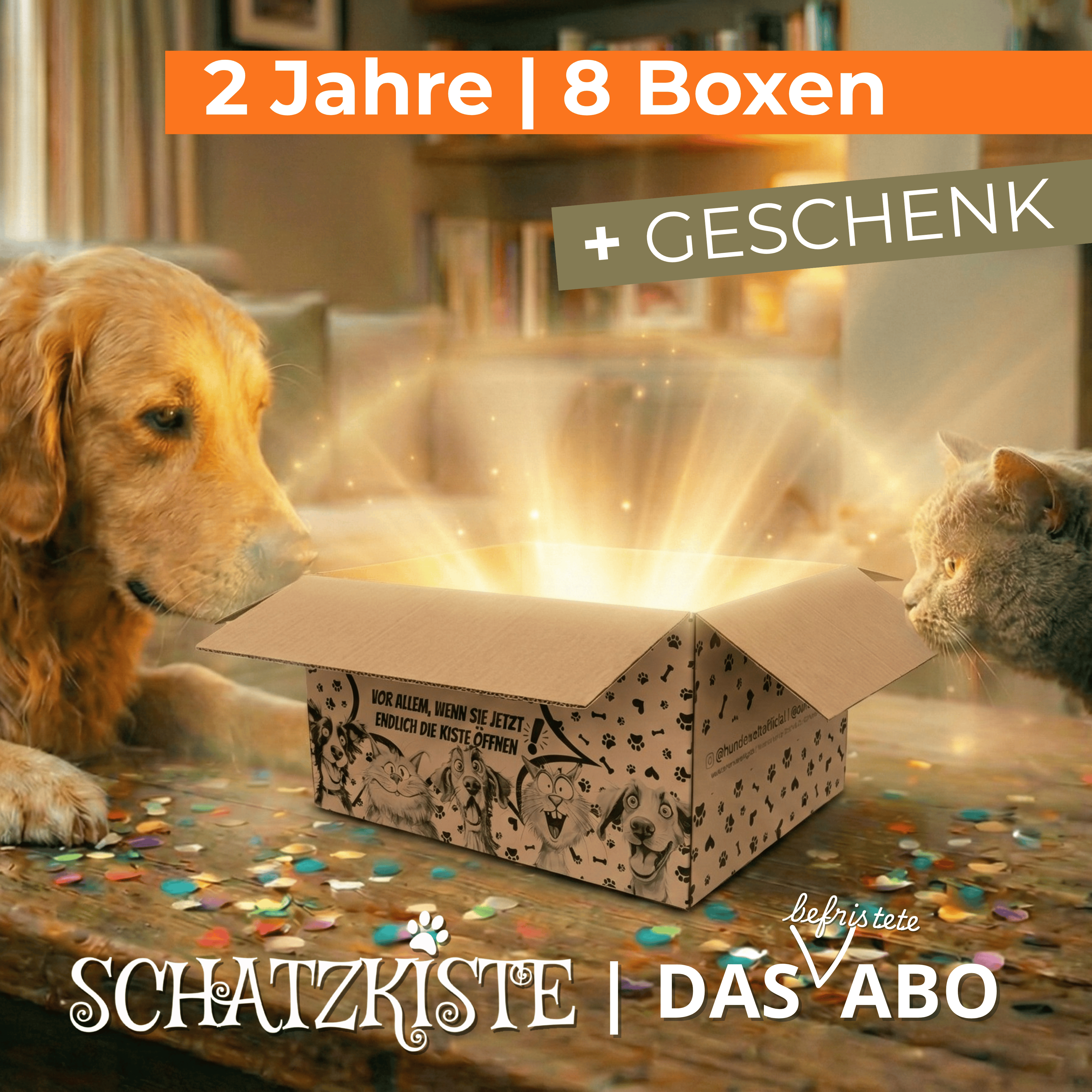 Good4Pets - Edition Schatzkisten-Abo (4 x /Jahr), 2 Jahre Laufzeit fest | 8 Boxen | Für Hunde + Katzen PLUS Extra-Geschenk
