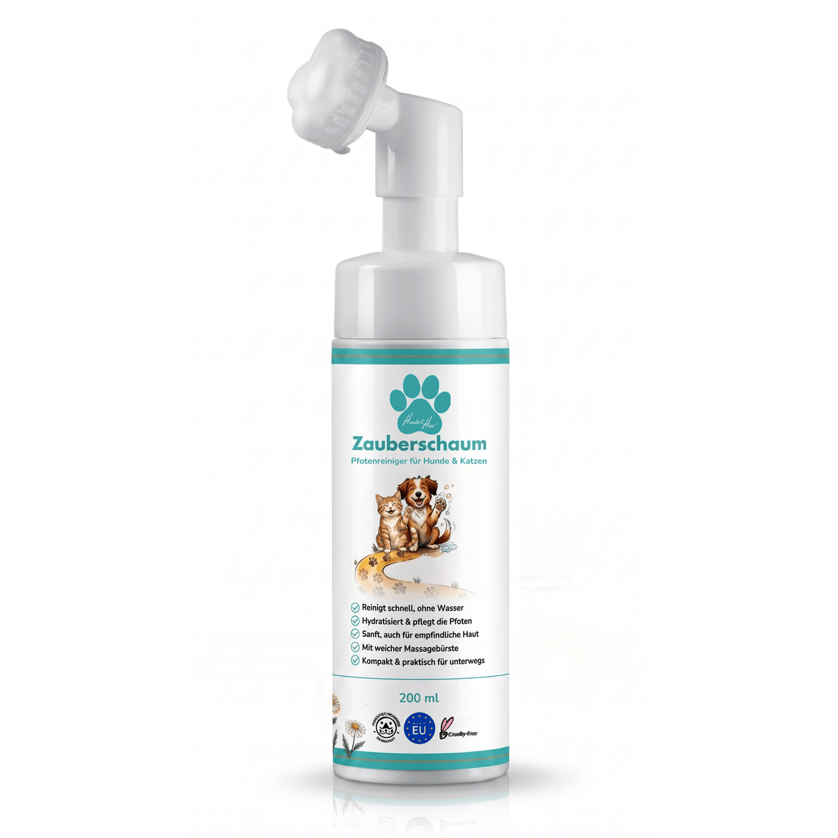 HundertHaar® Pfotenpflege HundertHaar® Zauberschaum | Pfotenreiniger für Hunde und Katzen, ohne Wasser, mit Pflegebürste, 200 ml
