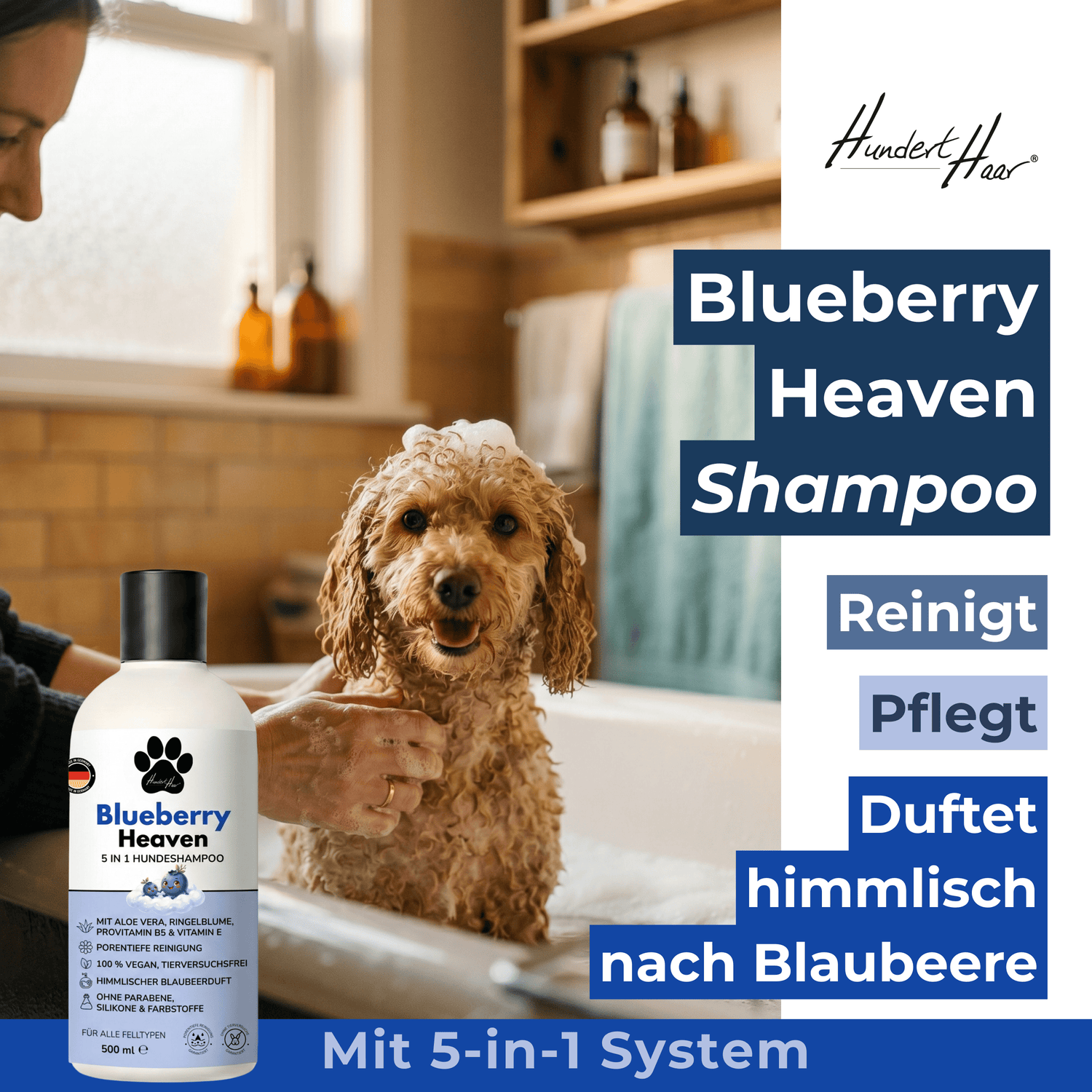 HundertHaar® Fellpflege Blueberry Heaven | 5-in-1 Hundeshampoo by HundertHaar® mit himmlischem Duft (500 ml)