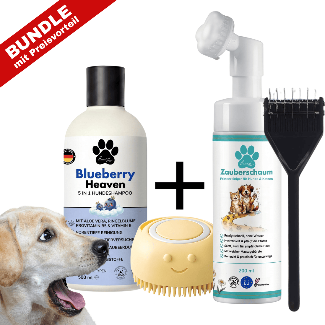 HundertHaar® Bundle HundertHaar® Komplett-Fellpflegeset A XL (Shampoo + Bürste + Striegel Typ A + Zauberschaum)