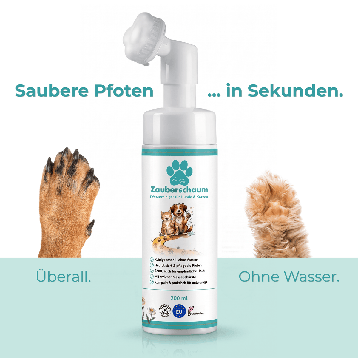 HundertHaar® Pfotenpflege HundertHaar® Zauberschaum | Pfotenreiniger für Hunde und Katzen, ohne Wasser, mit Pflegebürste, 200 ml