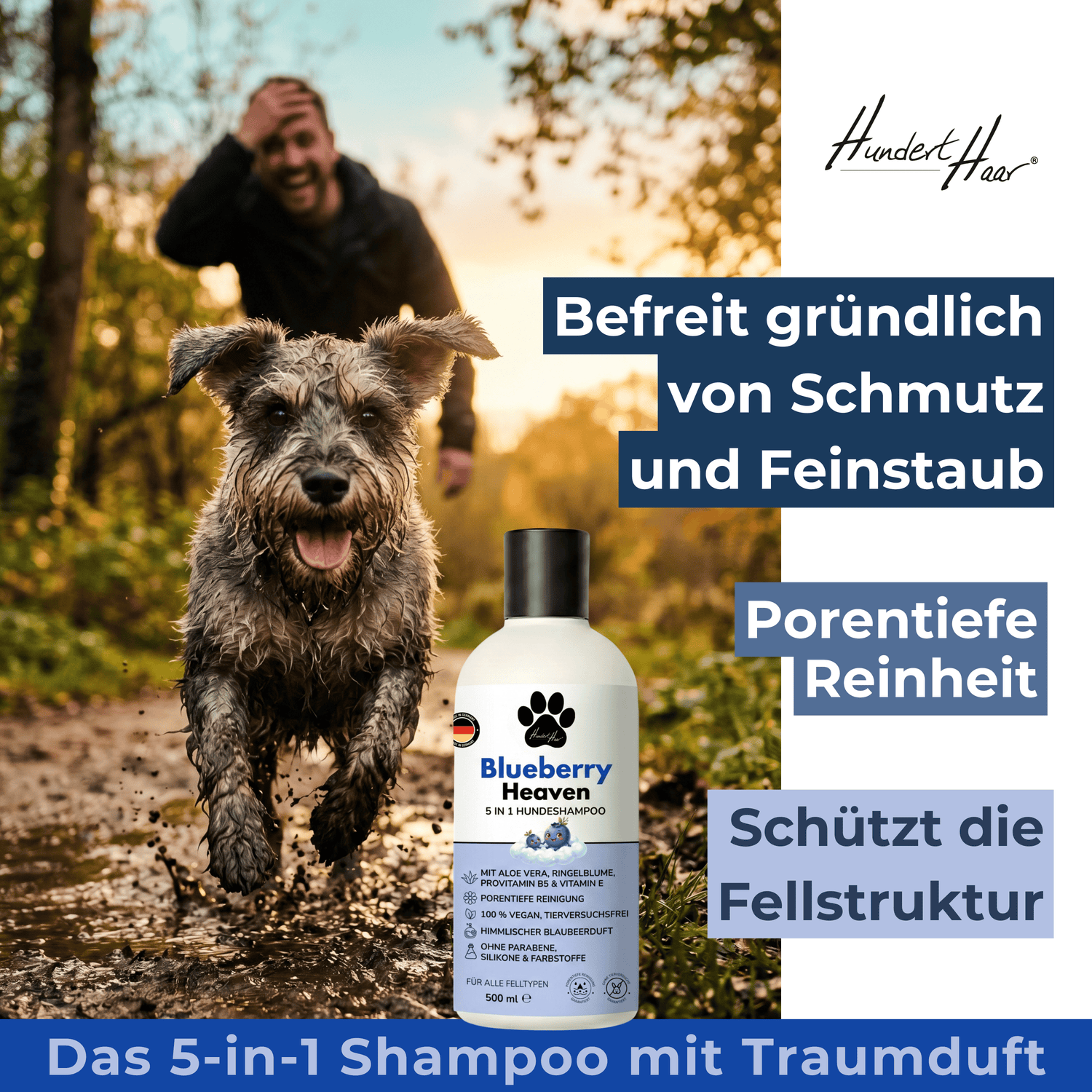 HundertHaar® Fellpflege Blueberry Heaven | 5-in-1 Hundeshampoo by HundertHaar® mit himmlischem Duft (500 ml)