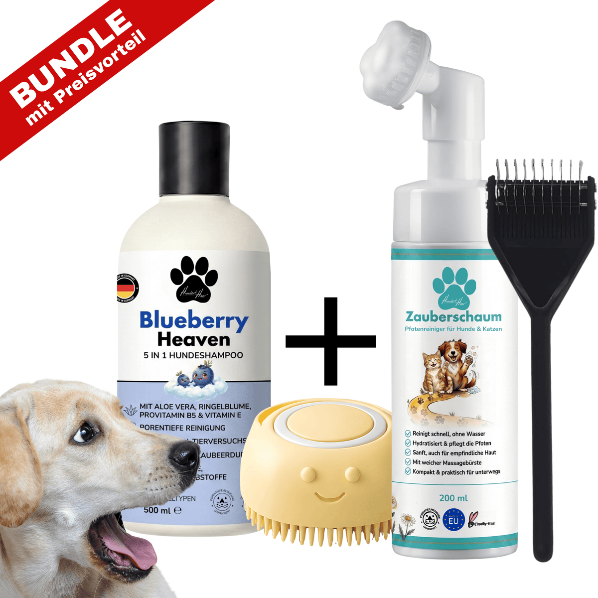 HundertHaar® Bundle HundertHaar® Komplett-Fellpflegeset B XL (Shampoo + Bürste + Striegel Typ B + Zauberschaum)