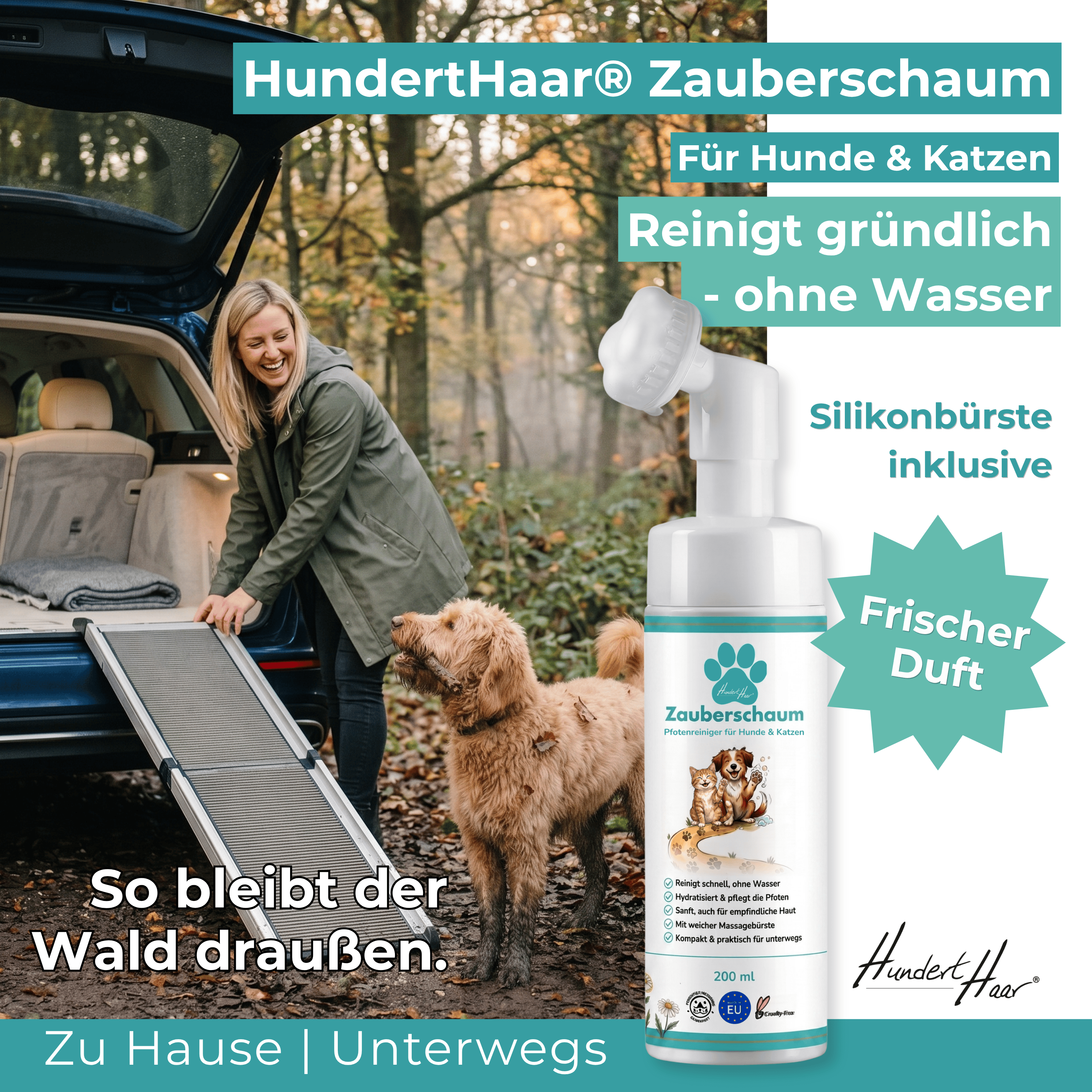 HundertHaar® Pfotenpflege HundertHaar® Zauberschaum | Pfotenreiniger für Hunde und Katzen, ohne Wasser, mit Pflegebürste, 200 ml