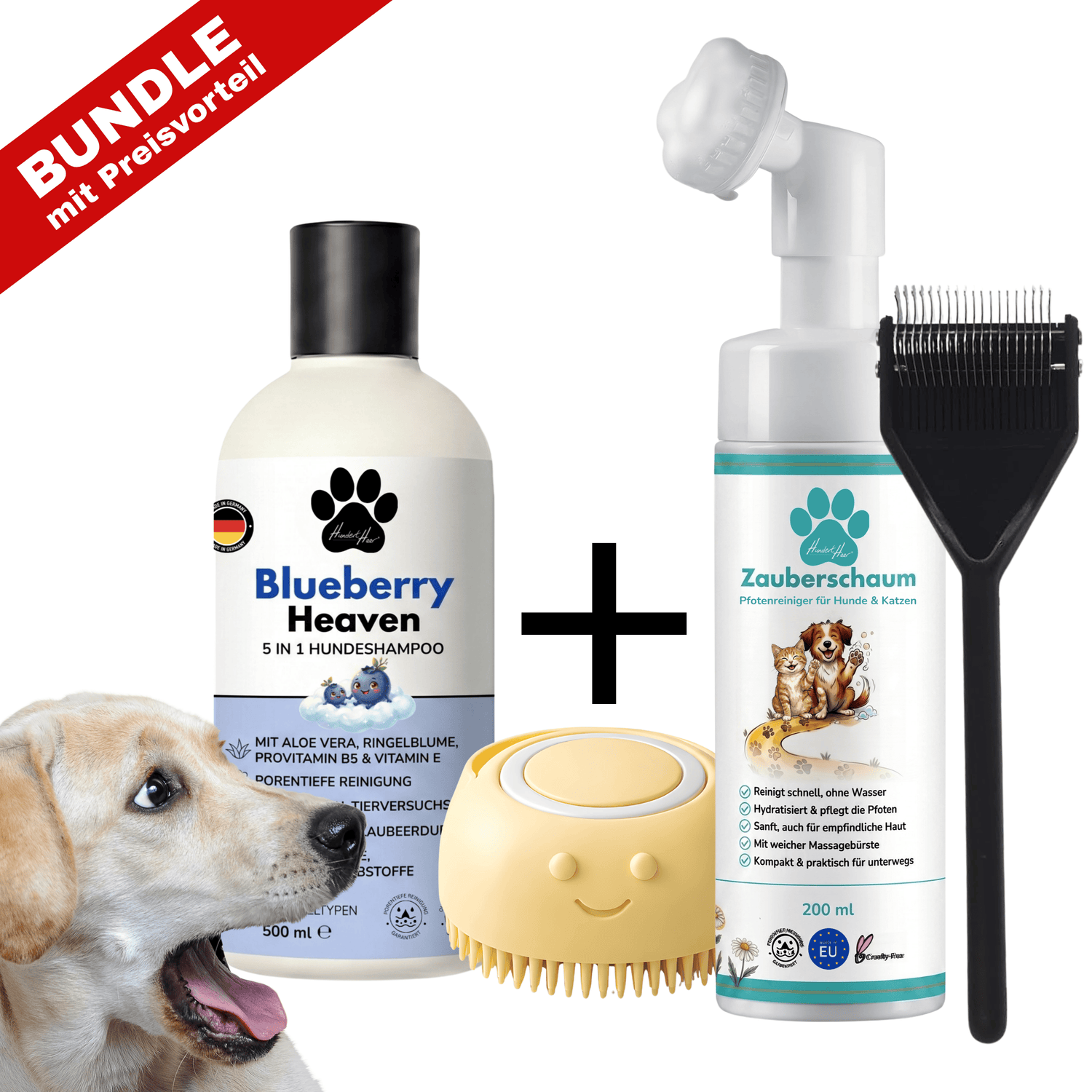 HundertHaar® Bundle HundertHaar® Komplett-Fellpflegeset C XL (Shampoo + Bürste + Striegel Typ C + Zauberschaum)