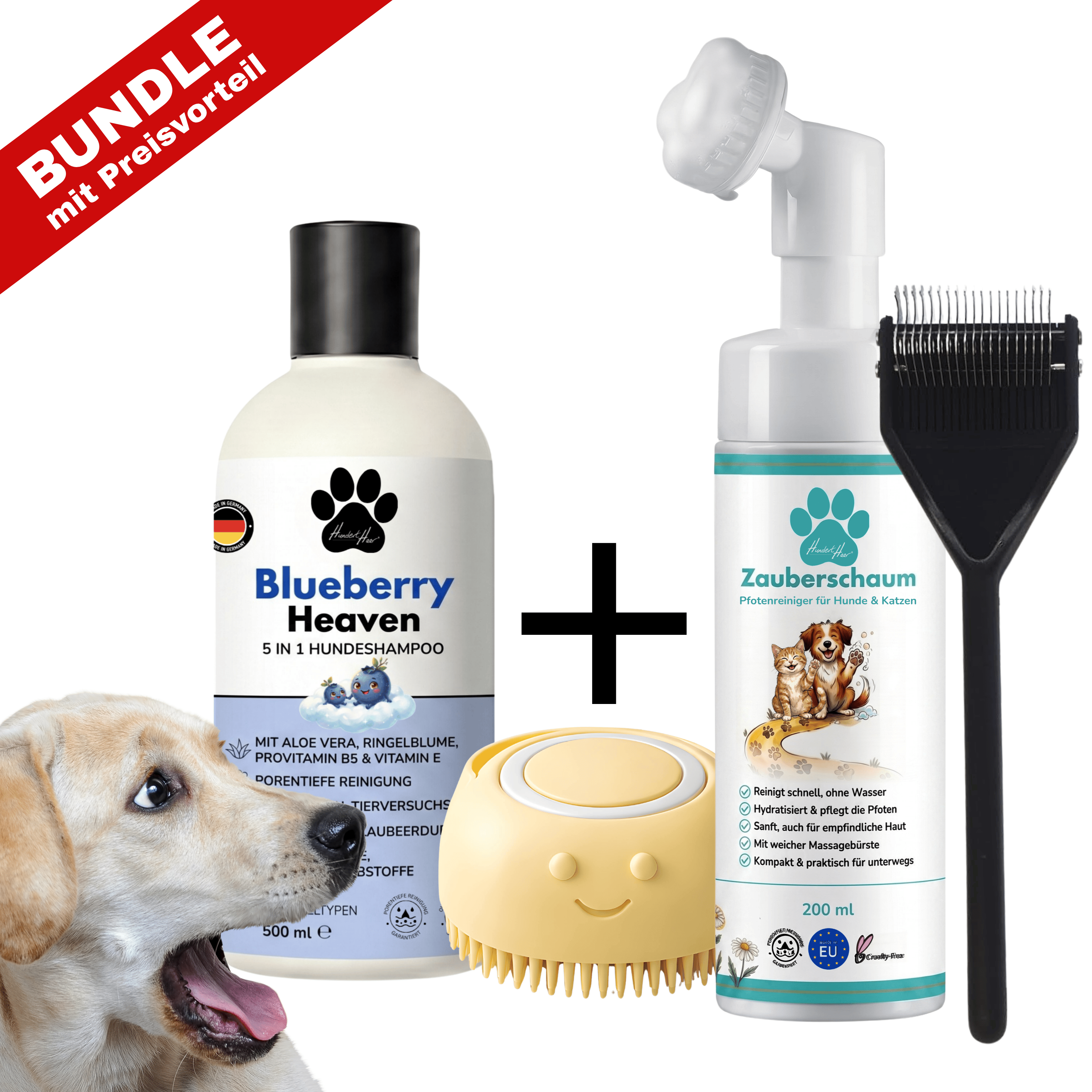 HundertHaar® Bundle HundertHaar® Komplett-Fellpflegeset C XL (Shampoo + Bürste + Striegel Typ C + Zauberschaum)