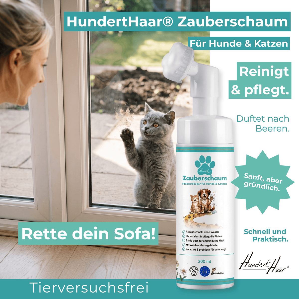 HundertHaar® Pfotenpflege HundertHaar® Zauberschaum | Pfotenreiniger für Hunde und Katzen, ohne Wasser, mit Pflegebürste, 200 ml