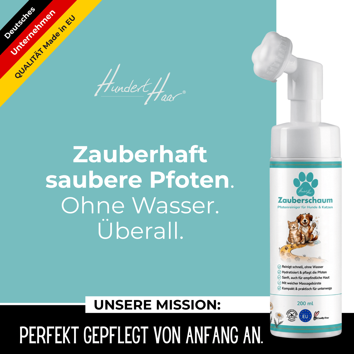 HundertHaar® Pfotenpflege HundertHaar® Zauberschaum | Pfotenreiniger für Hunde und Katzen, ohne Wasser, mit Pflegebürste, 200 ml