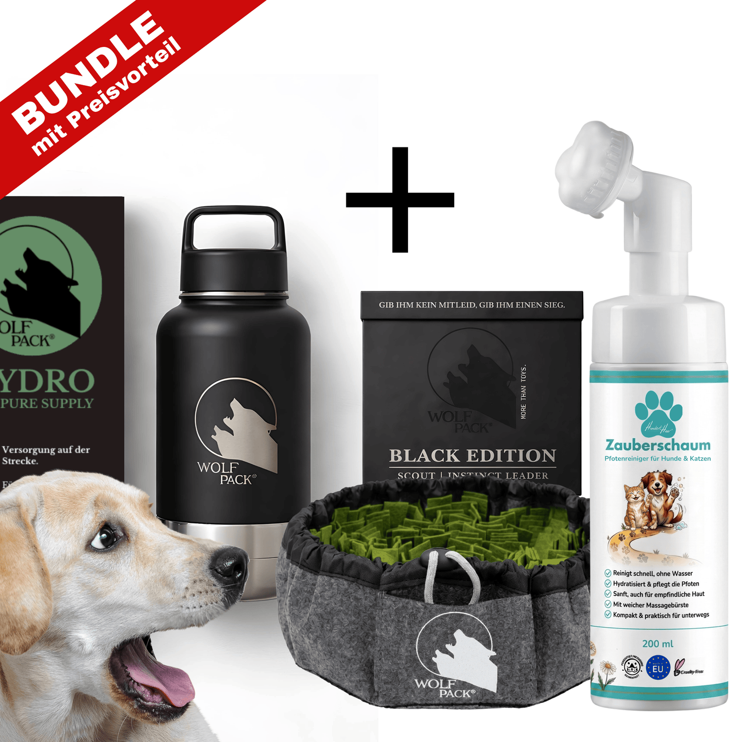 Good4Pets Store Bundle Wolf Pack® Outdoor-Set XL (Trinkflasche Hydro + Schnüffelteppich SCOUT + HundertHaar® Zauberschaum)
