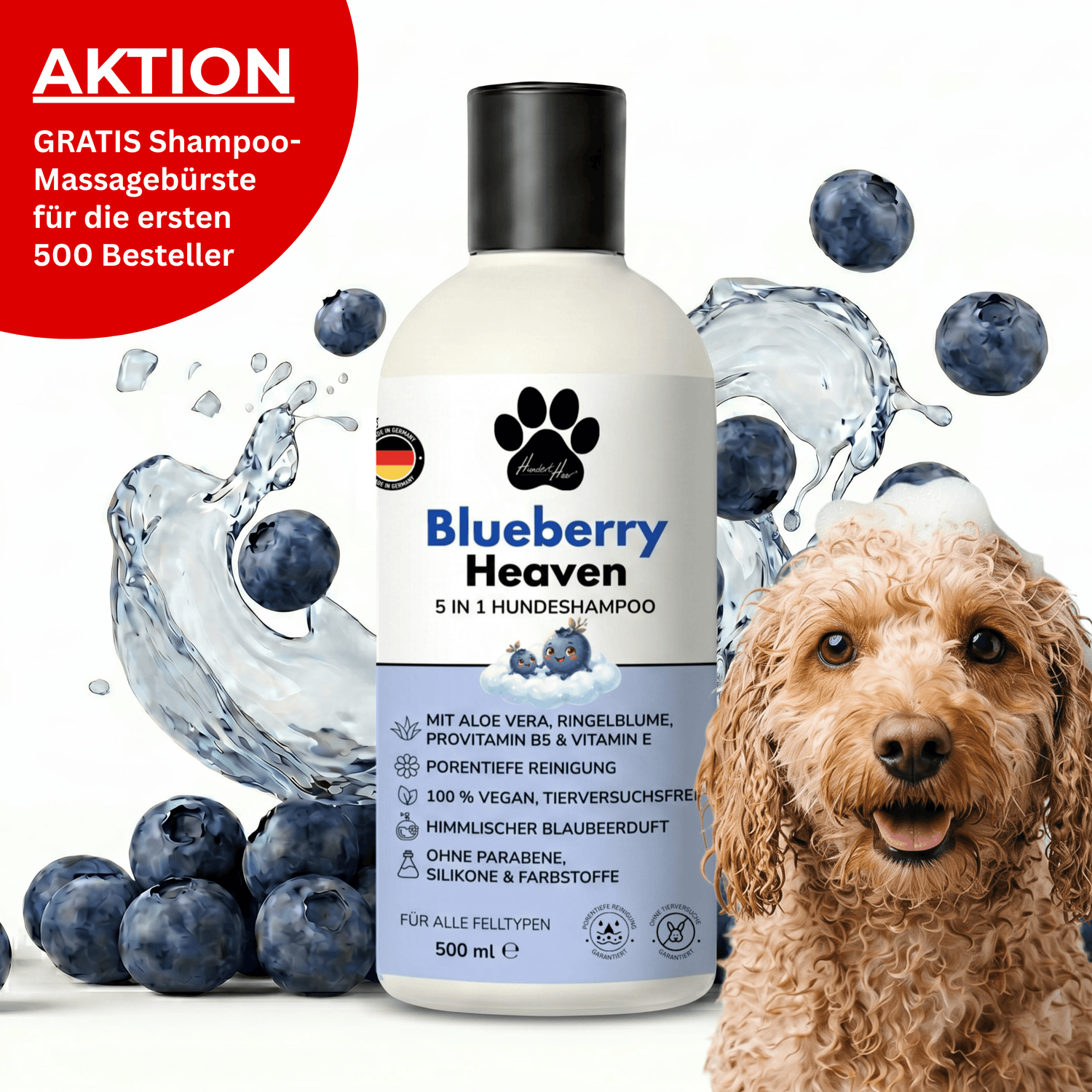 HundertHaar® Fellpflege Blueberry Heaven | 5-in-1 Hundeshampoo by HundertHaar® mit himmlischem Duft (500 ml)