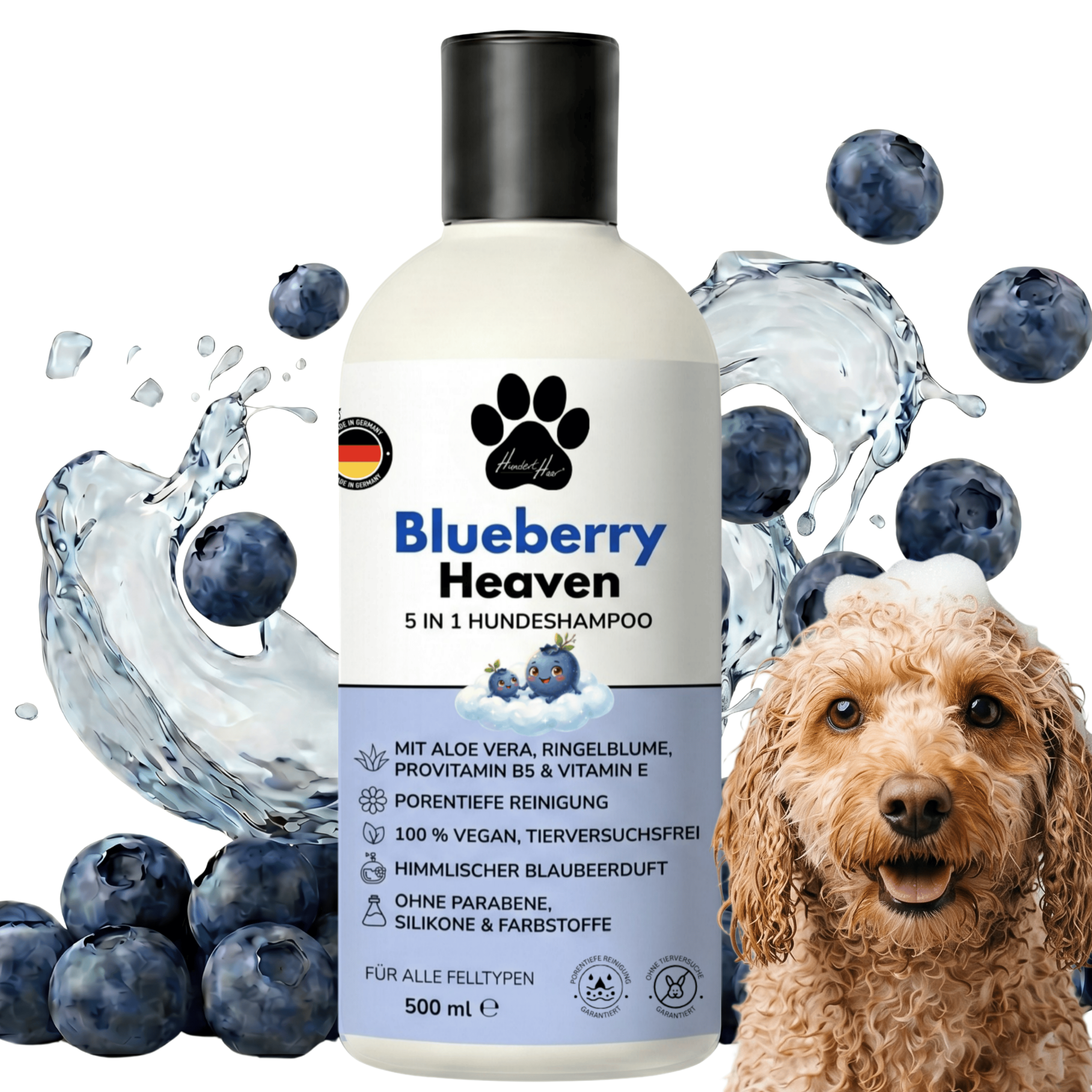 HundertHaar® Fellpflege Blueberry Heaven | Das ultramilde 5-in-1 Hundeshampoo mit natürlichem Blaubeerduft (500 ml)