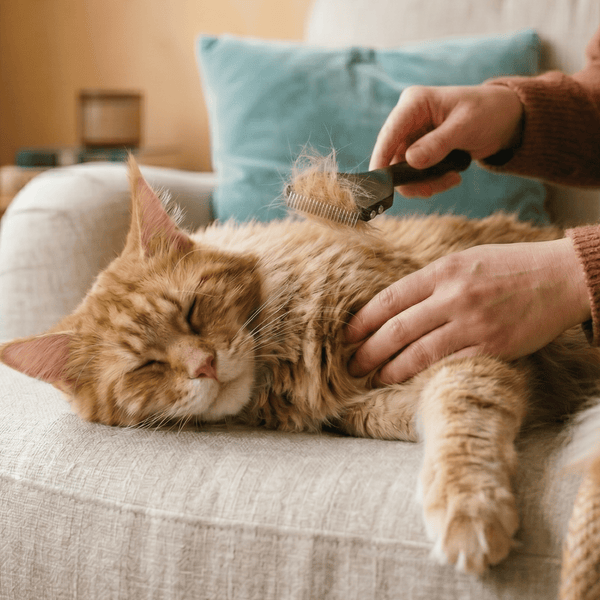 Entspannte getigerte Katze wird sanft gestriegelt