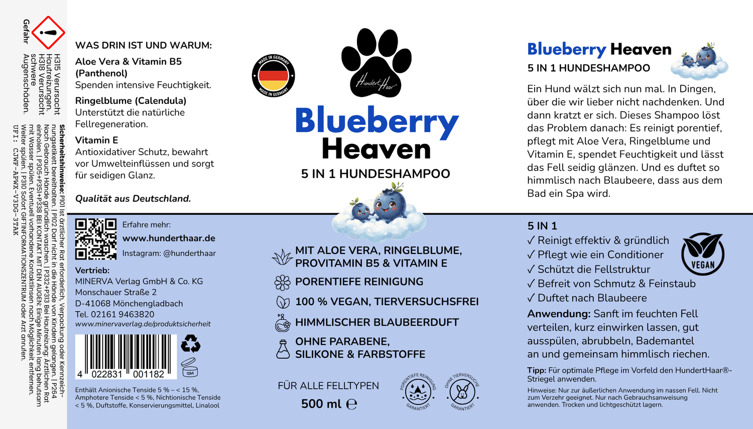 HundertHaar® Fellpflege Blueberry Heaven | 5-in-1 Hundeshampoo by HundertHaar® mit himmlischem Duft (500 ml)